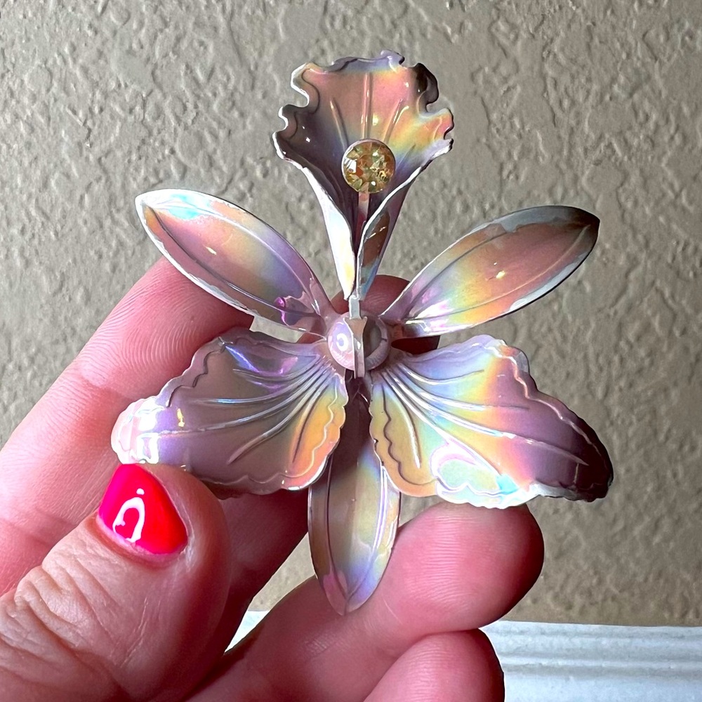 Vintage 1960’s Iridescent Orchid Brooch, Costume Jewelry, Floral, Fascinator